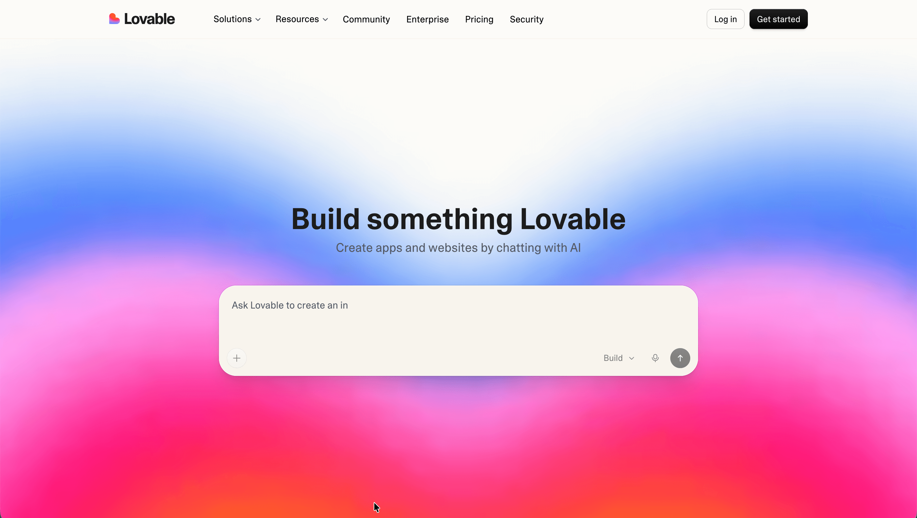 The Lovable homepage: describe an app or website and the AI builds it.