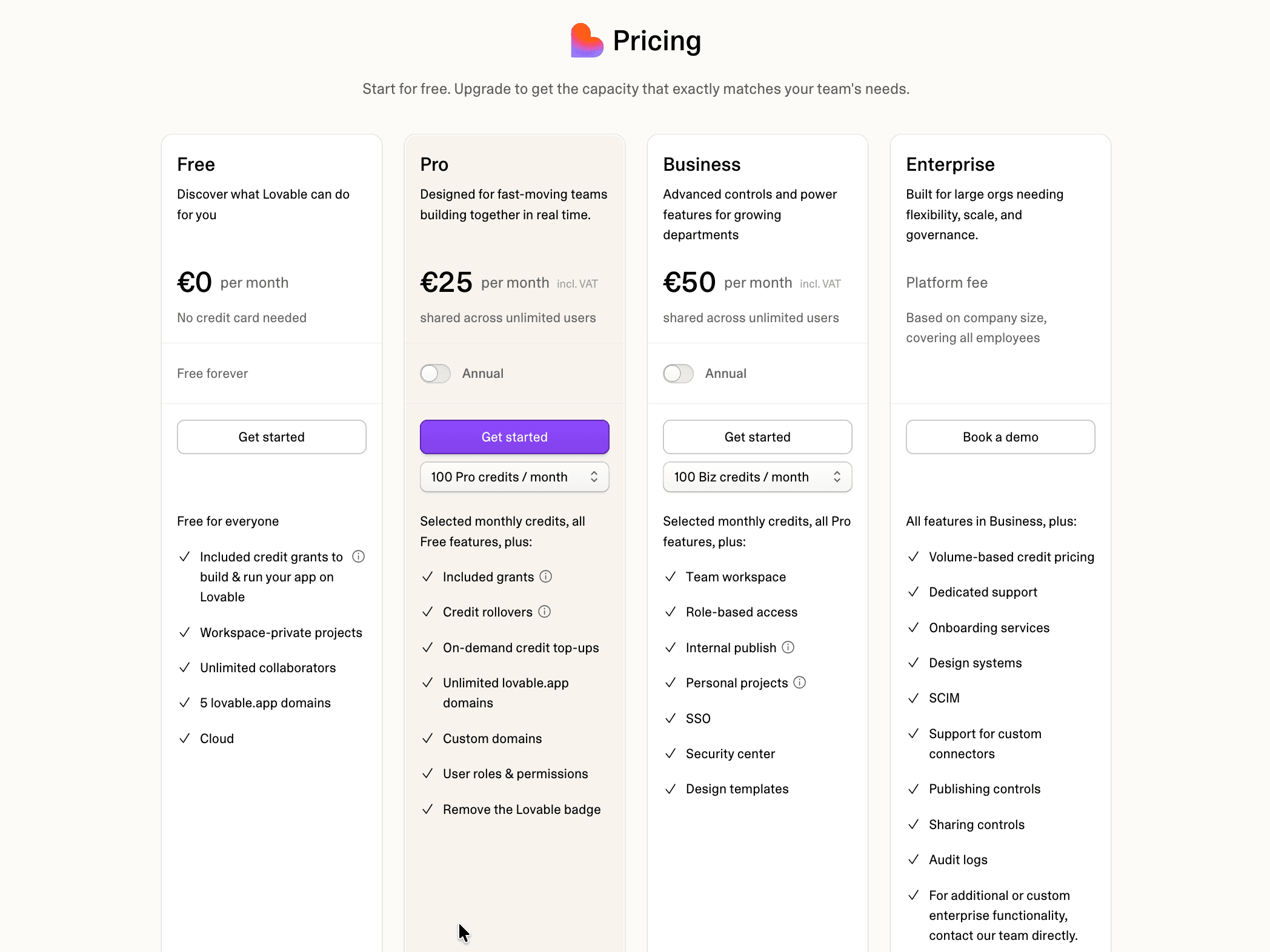 Lovable pricing tiers: Free, Pro, Business, and Enterprise.