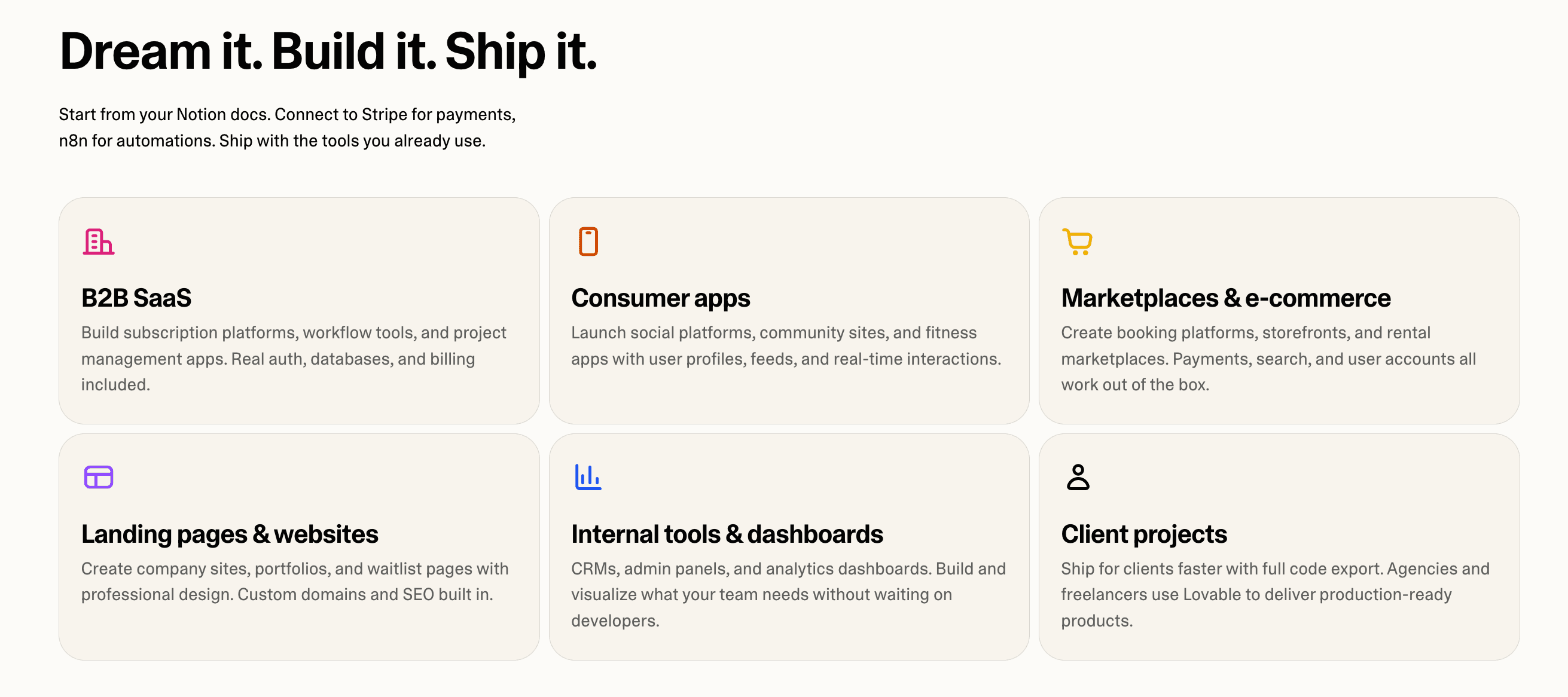 Common project types built on the platform, from B2B SaaS to internal dashboards.