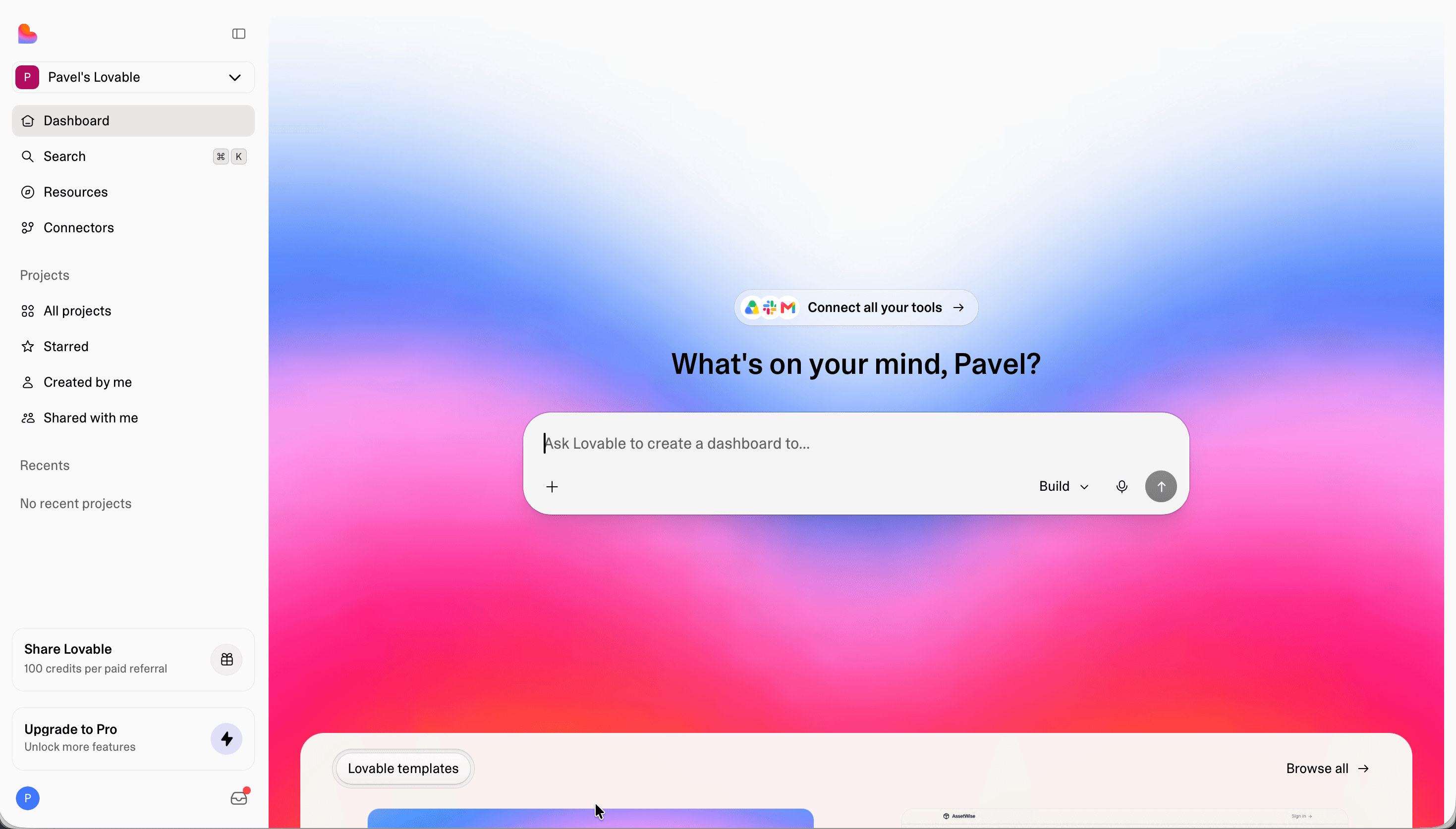 The Lovable dashboard, where projects, connectors, and new builds are managed.