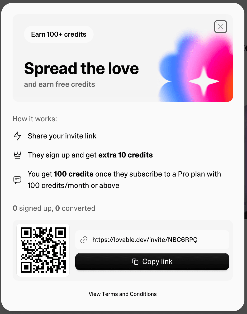 Lovable's referral program, which grants credits for invites that convert to a Pro subscription.