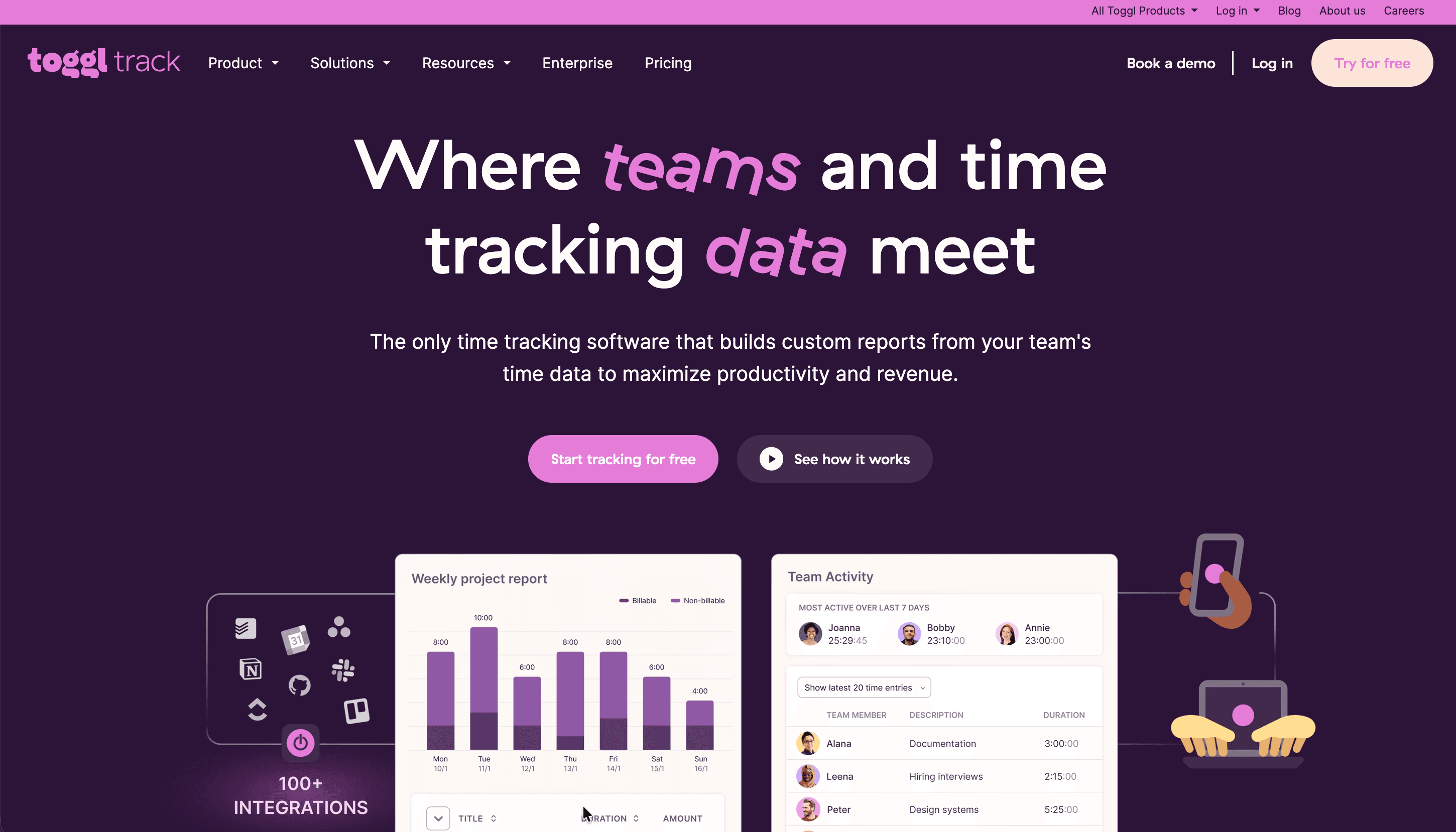 The Toggl Track homepage, built around custom reporting from your team's time data.