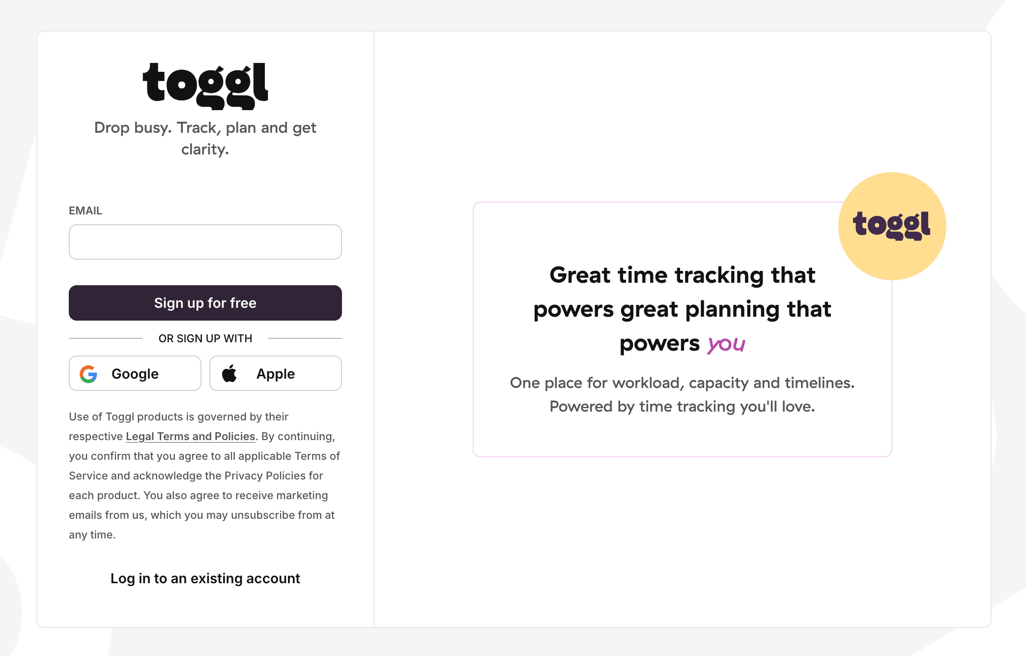 A consistent, distraction-free interface carries across Toggl's web, desktop, and mobile apps.