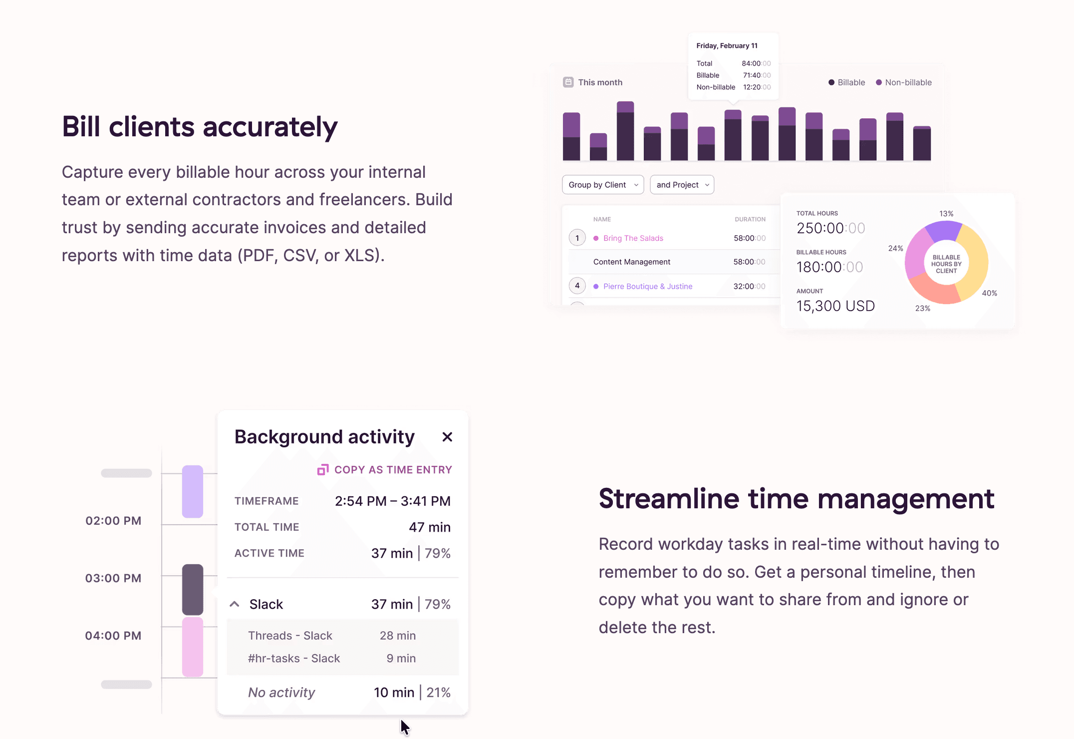 Billable-hour reporting and the local activity timeline that powers accurate, non-intrusive tracking.