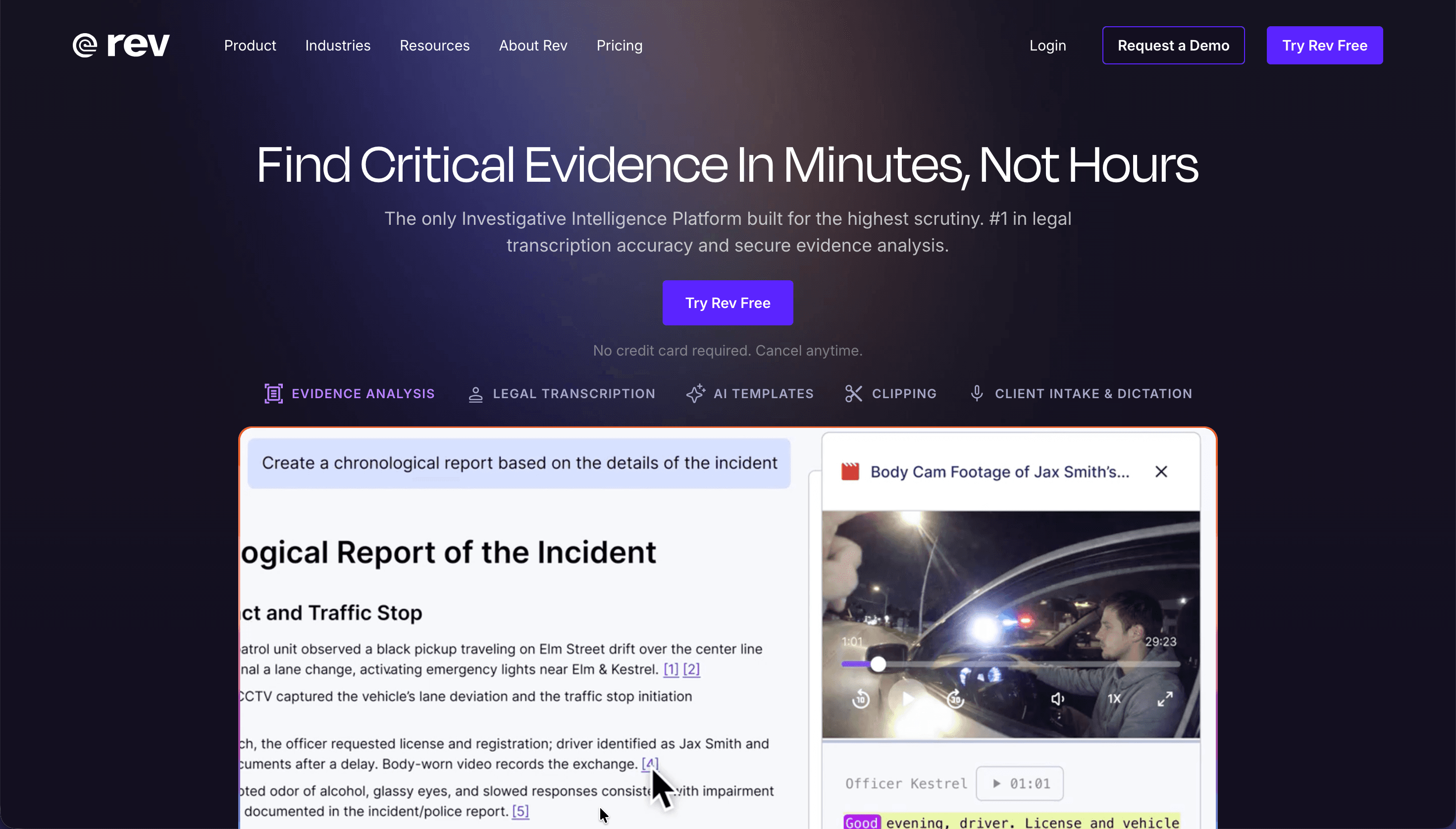 Rev's homepage highlights its evidence analysis and legal transcription tools.