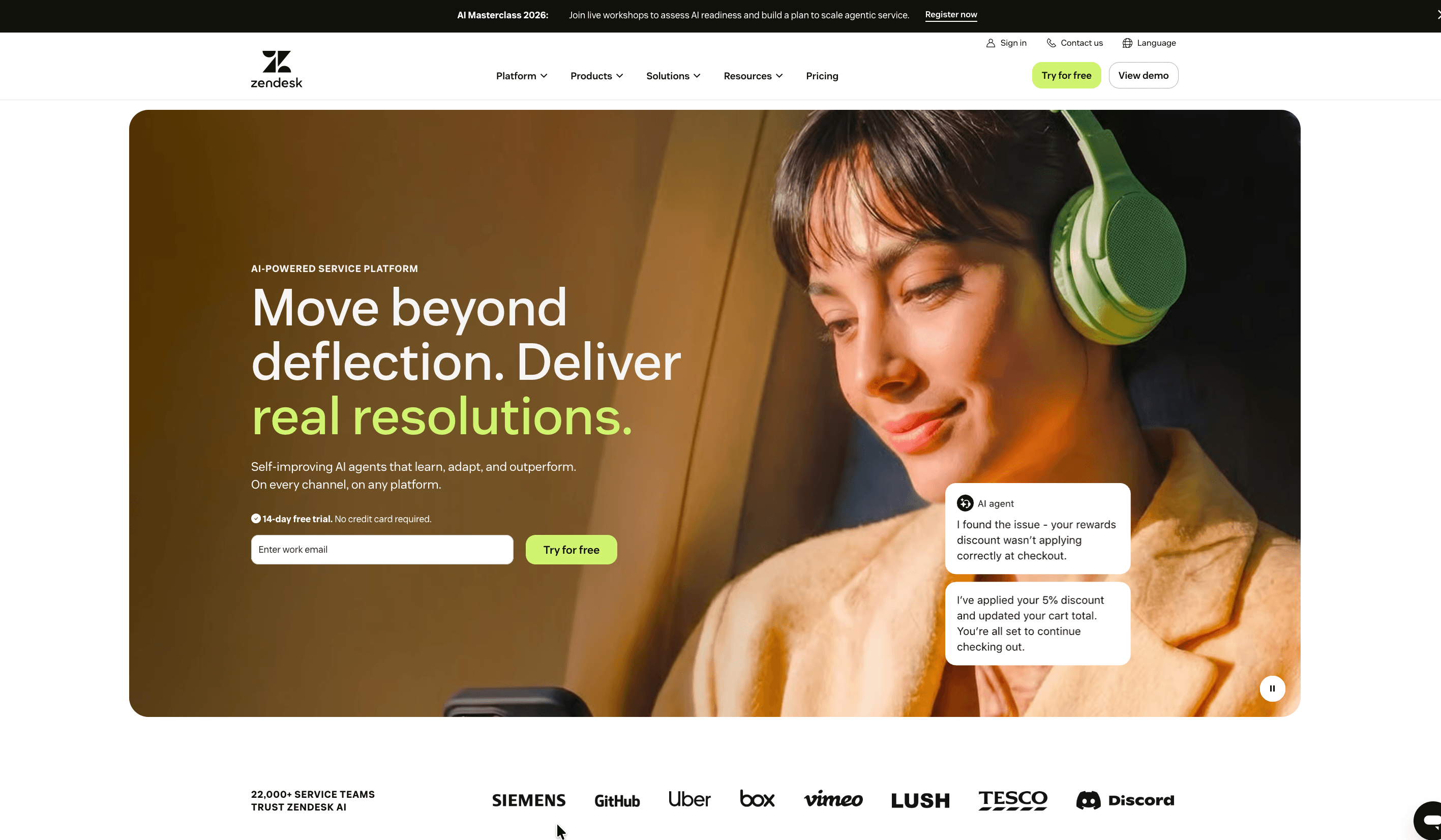 The Zendesk homepage positions the platform around AI-powered resolutions across every channel.
