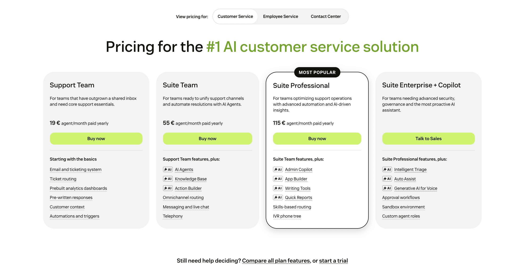 Zendesk's customer service pricing tiers, from Support Team through Suite Enterprise + Copilot.