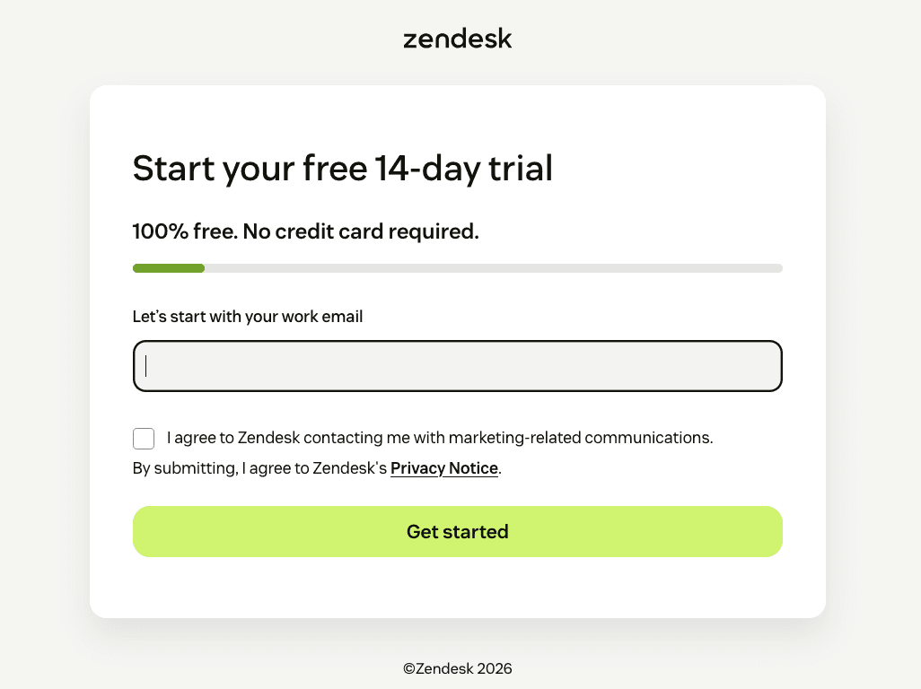 Zendesk's free 14-day trial starts with a work email and requires no credit card.